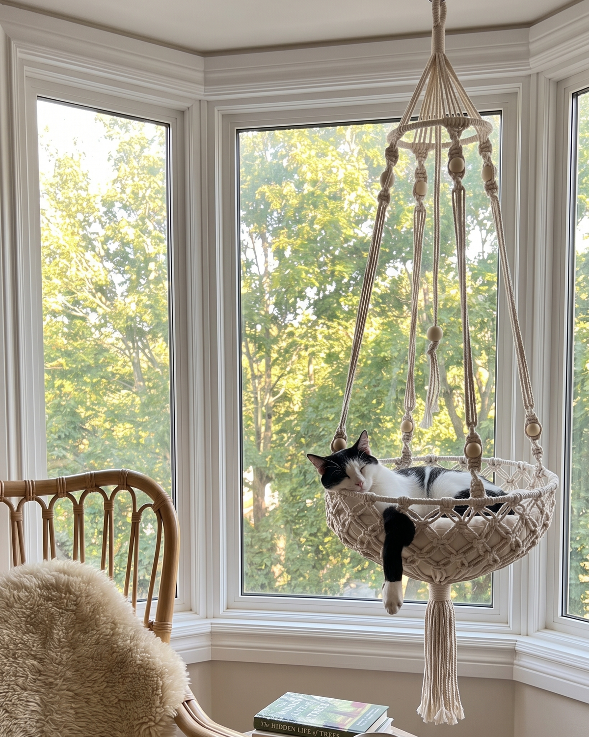 Tuxedo cat in the Cloudpurr hanging cat bed in a bay window