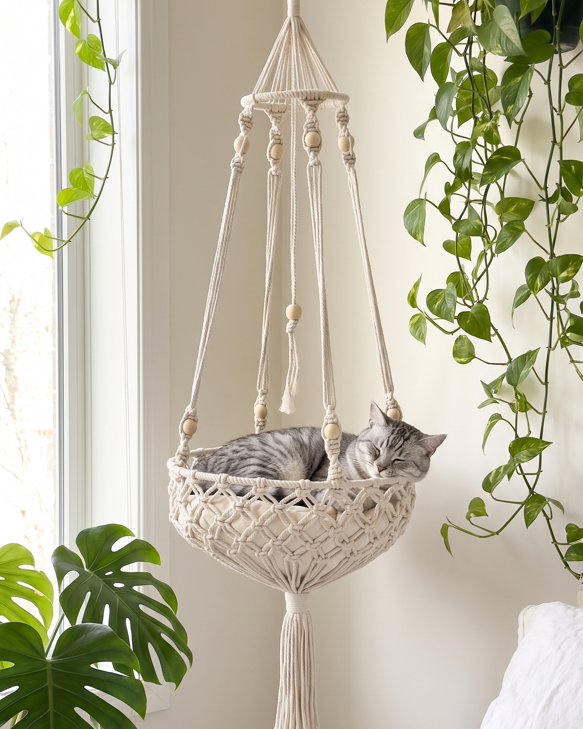Grey tabby cat asleep in the Cloudpurr hanging cat bed by a bright window with plants