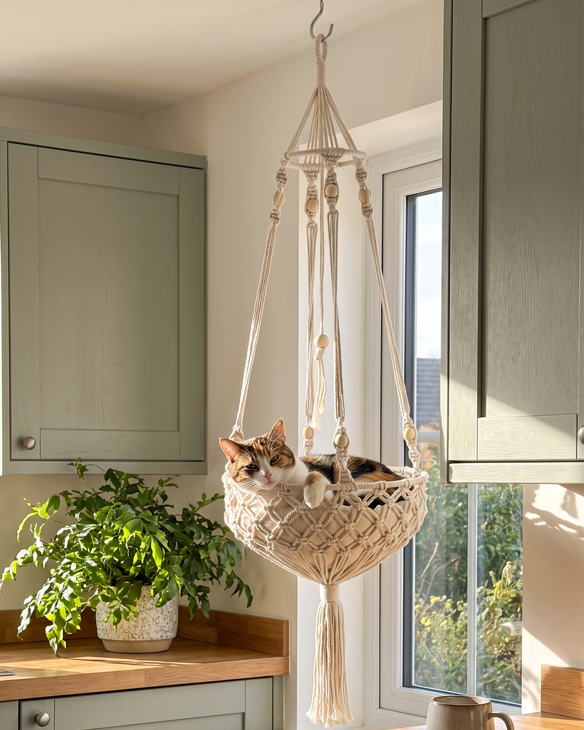 Calico cat lounging in the Cloudpurr hanging cat bed by a kitchen window