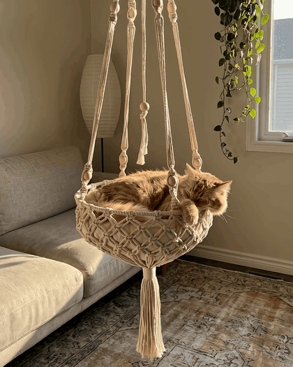 Ginger cat asleep in the Cloudpurr hanging cat bed in a sunny living room